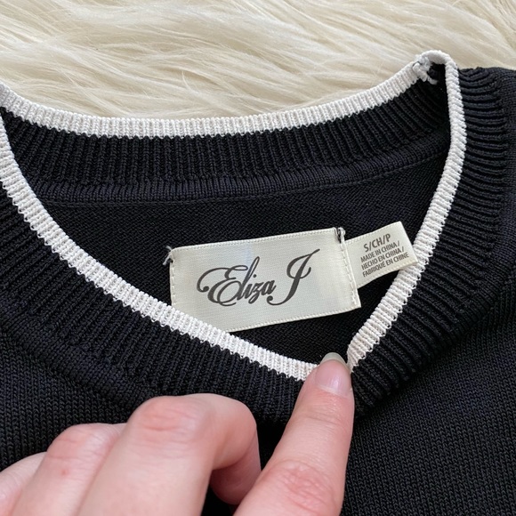 Eliza J Black Knit Long Flare Bell Sleeve Modest Crewneck Fit and Flare Dress - Picture 8 of 9